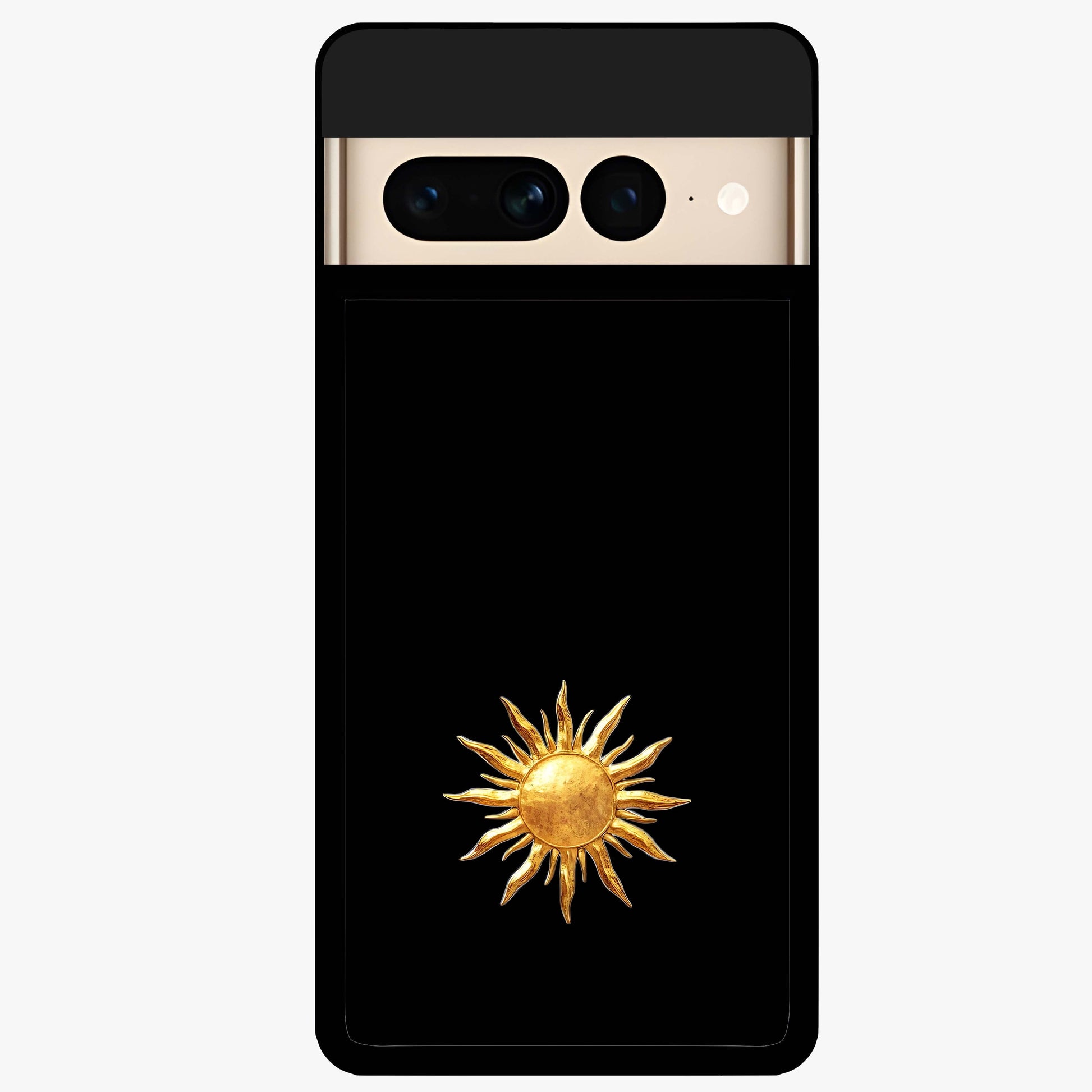 Golden Sun Minimalism Glass Case showing flat back view with minimal golden sun artwork and glossy glass finish.
