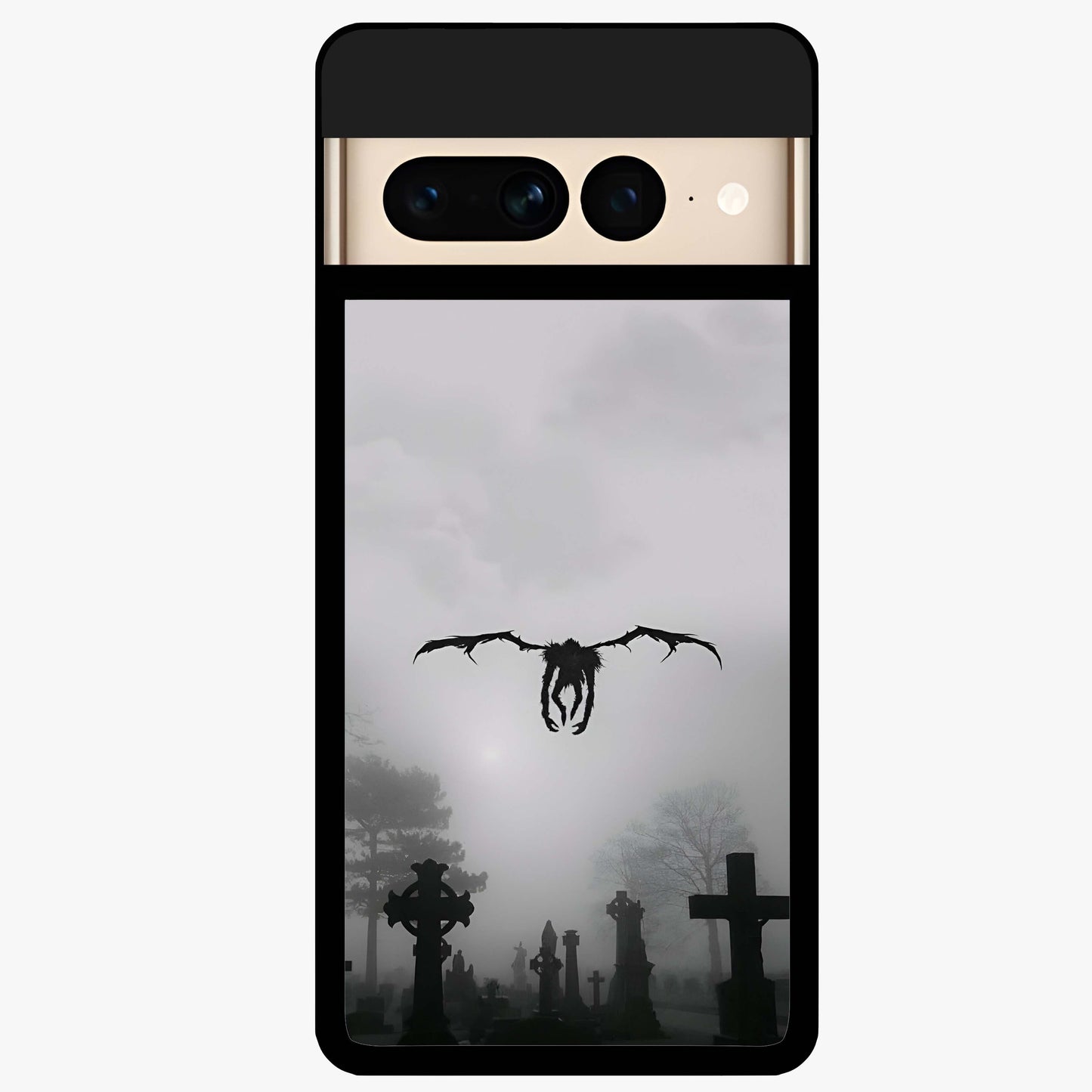Graveyard Shadow Descent Glass Case showing flat back view with dark graveyard themed artwork and glossy glass finish.