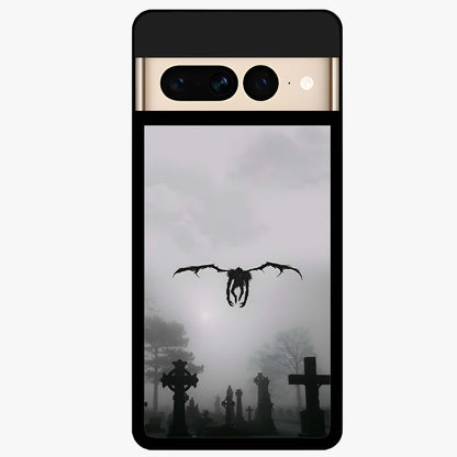 Graveyard Shadow Descent Glass Case showing flat back view with dark graveyard themed artwork and glossy glass finish.