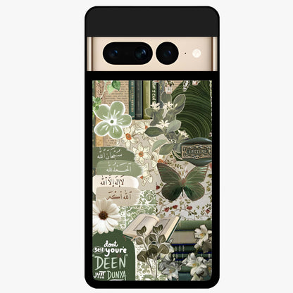 Green Islamic Books Quotes Glass Case showing flat back view with Islamic quotes and book themed artwork and glossy glass finish.