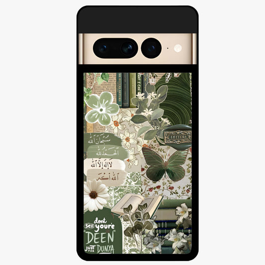 Green Islamic Books Quotes Glass Case showing flat back view with Islamic quotes and book themed artwork and glossy glass finish.