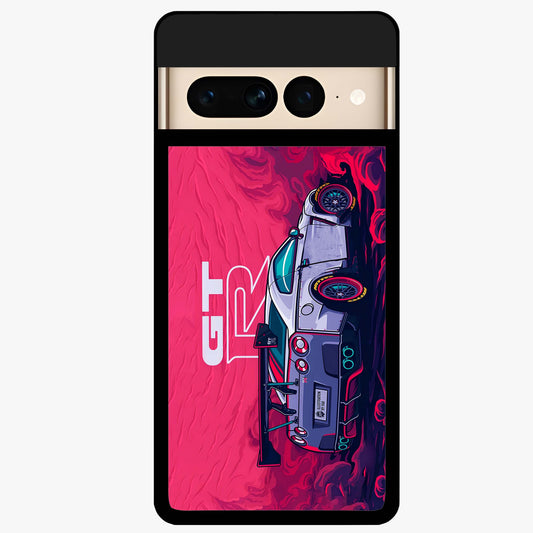 GT-R Car Pattern Glass Case showing flat back view with sporty car inspired pattern artwork and glossy glass finish.