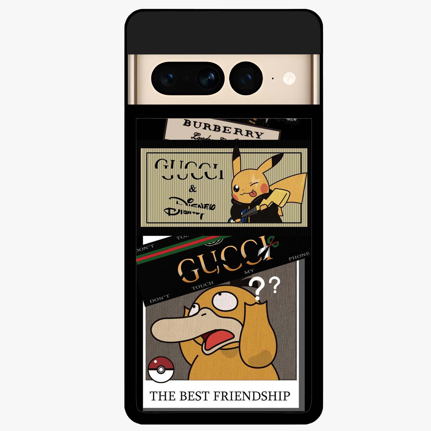 Gucci Play Mashup Glass Case showing flat back view with luxury inspired graphic artwork and glossy glass finish.