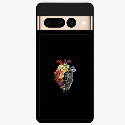 Heart With Flowers Glass Case showing flat back view with heart shaped floral artwork and glossy glass finish.