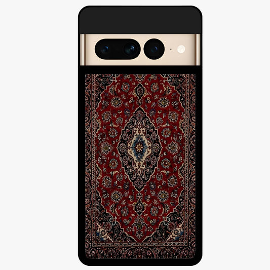 Heritage Carpet Royale Glass Case showing flat back view with ornate Persian carpet inspired pattern and glossy glass finish.
