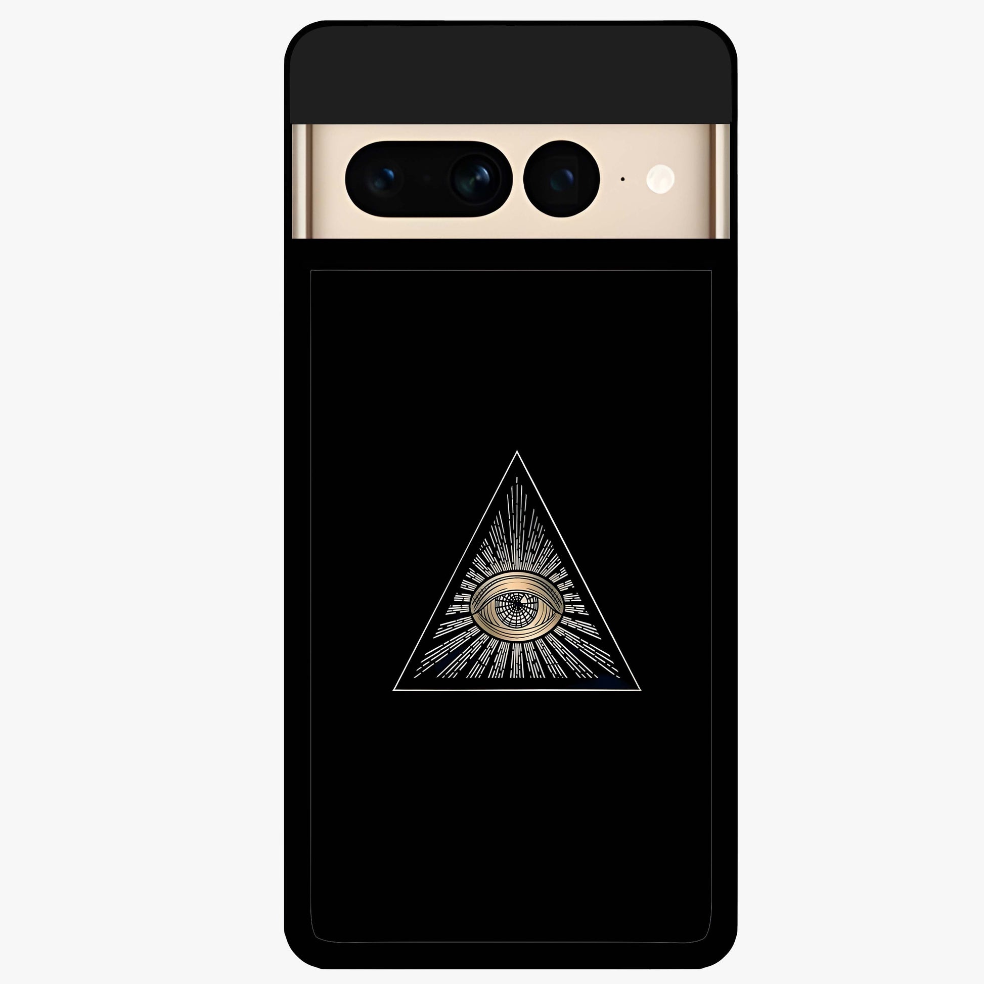 Illuminati Evil Glass Case showing flat back view with mysterious illuminati symbol artwork and glossy glass finish.