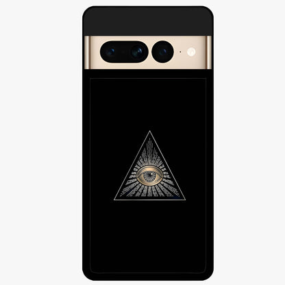 Illuminati Evil Glass Case showing flat back view with mysterious illuminati symbol artwork and glossy glass finish.