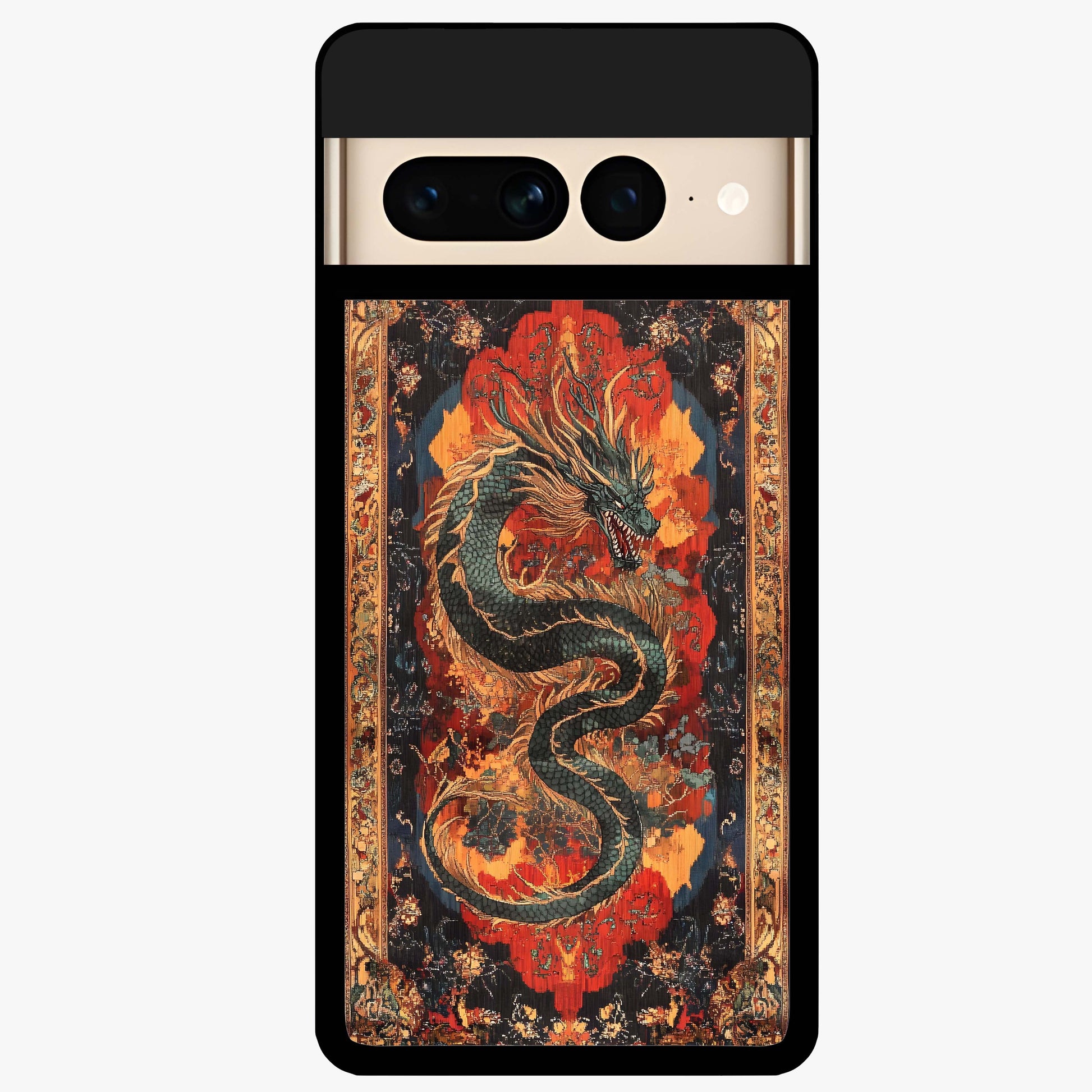 Inferno Dragon Soul Glass Case showing flat back view with fiery dragon artwork and glossy glass finish.