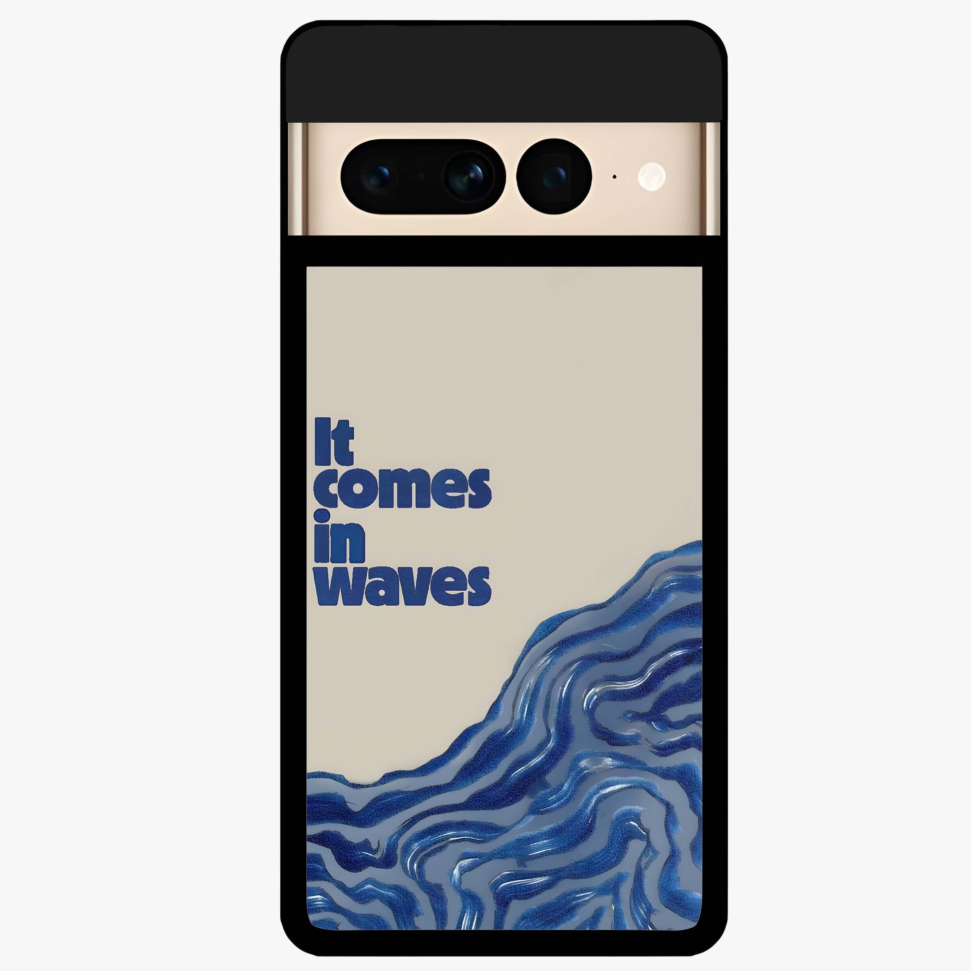 It Comes In Waves Quote Glass Case showing flat back view with inspirational wave themed quote artwork and glossy glass finish.