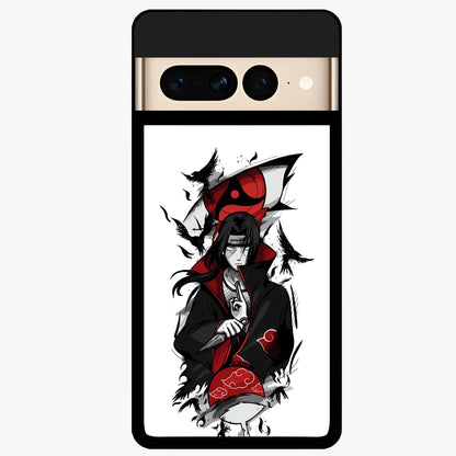 Itachi Sharingan Glass Case showing flat back view with powerful anime eye artwork and glossy glass finish.