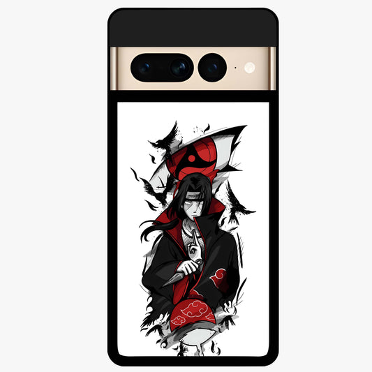 Itachi Sharingan Glass Case showing flat back view with powerful anime eye artwork and glossy glass finish.