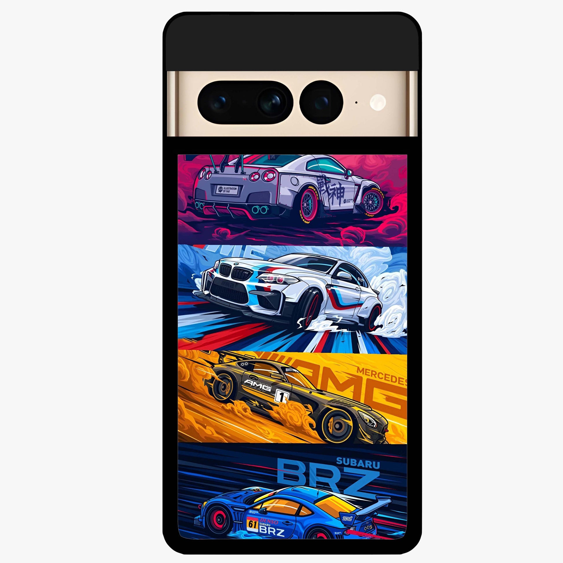 JDM Sports Car Glass Case showing flat back view with high performance sports car artwork and glossy glass finish.