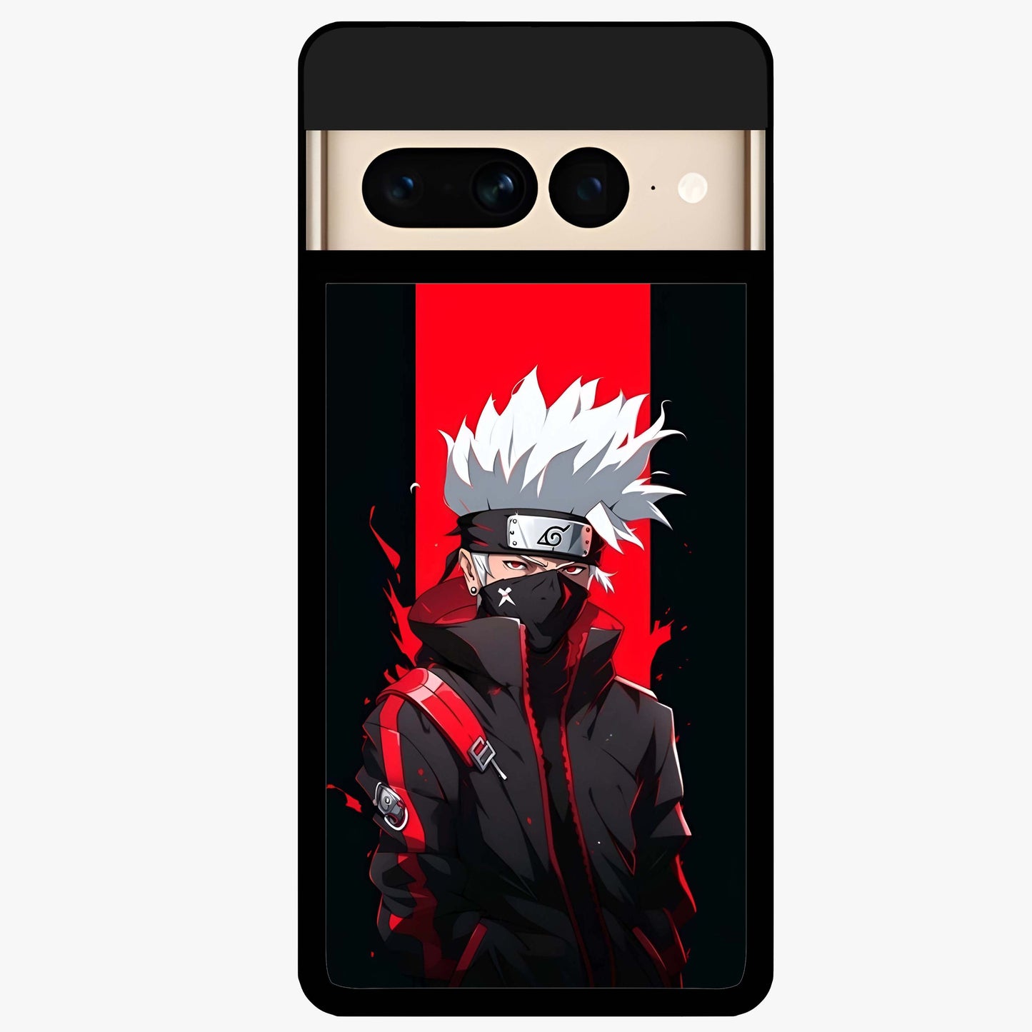 Kakashi Scarlet Shadow Glass Case showing flat back view with powerful anime ninja artwork and glossy glass finish.