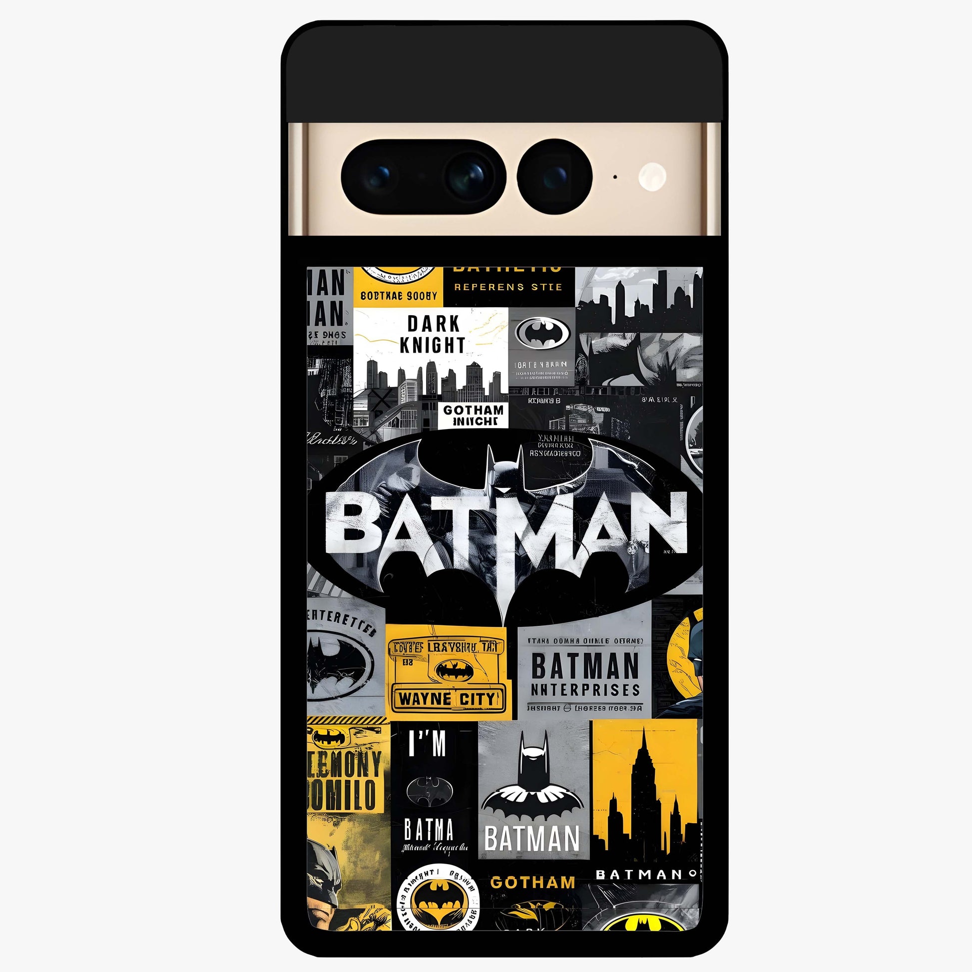 Knight Gotham Rise Glass Case showing flat back view with dark hero inspired artwork and glossy glass finish.