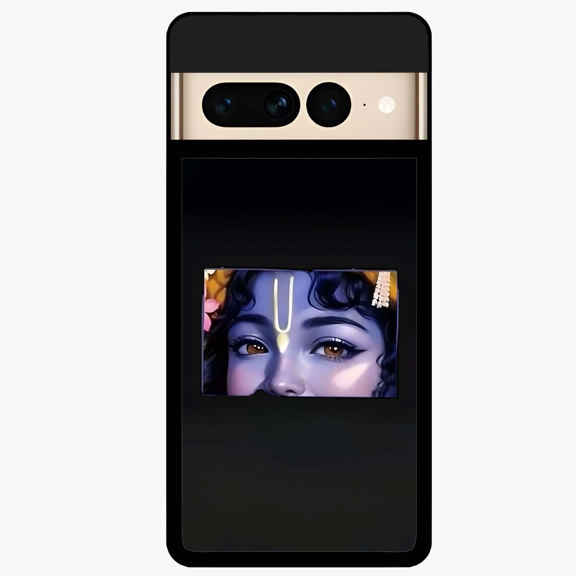 Krishna Divine Embrace Glass Case showing flat back view with Lord Krishna devotional artwork and glossy glass finish.