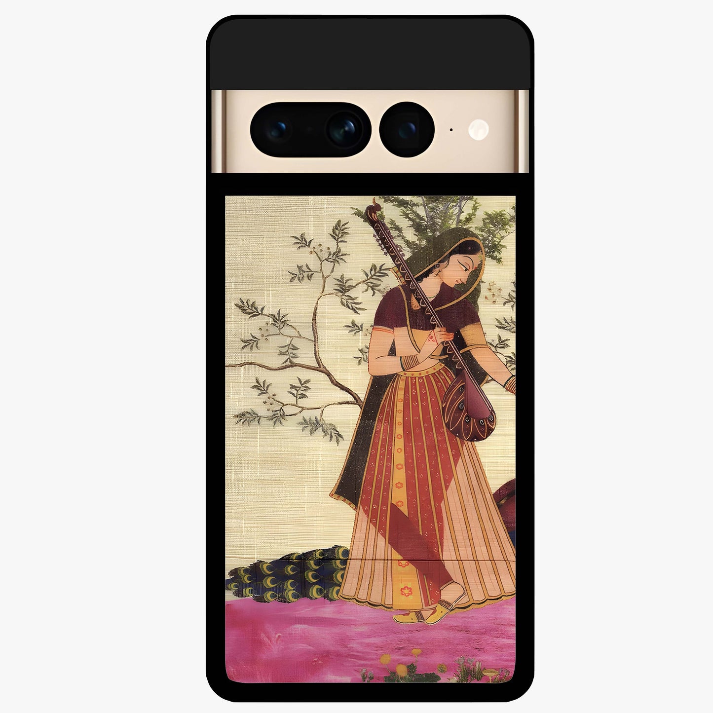 Lady With Veena Art Glass Case showing flat back view with elegant woman playing veena artwork and glossy glass finish.