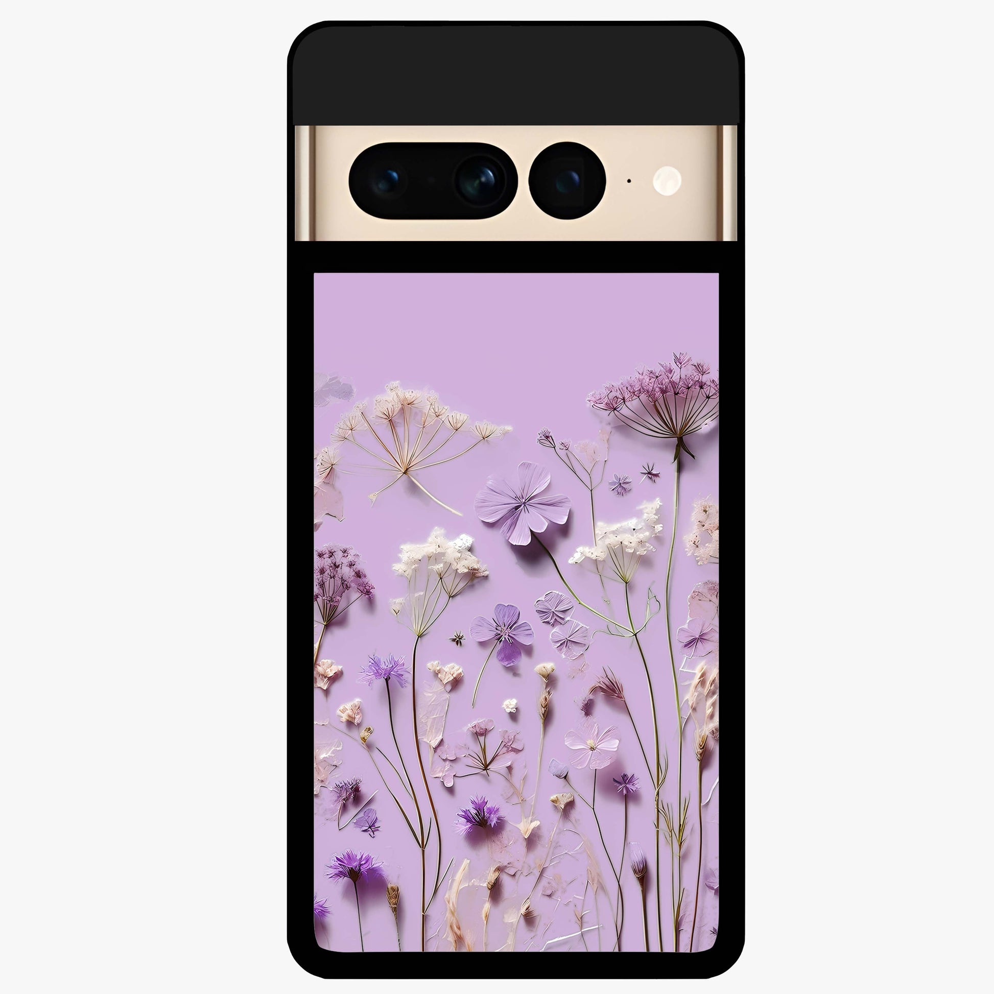Lavender Blossom Dream Glass Case showing flat back view with soft lavender floral artwork and glossy glass finish.