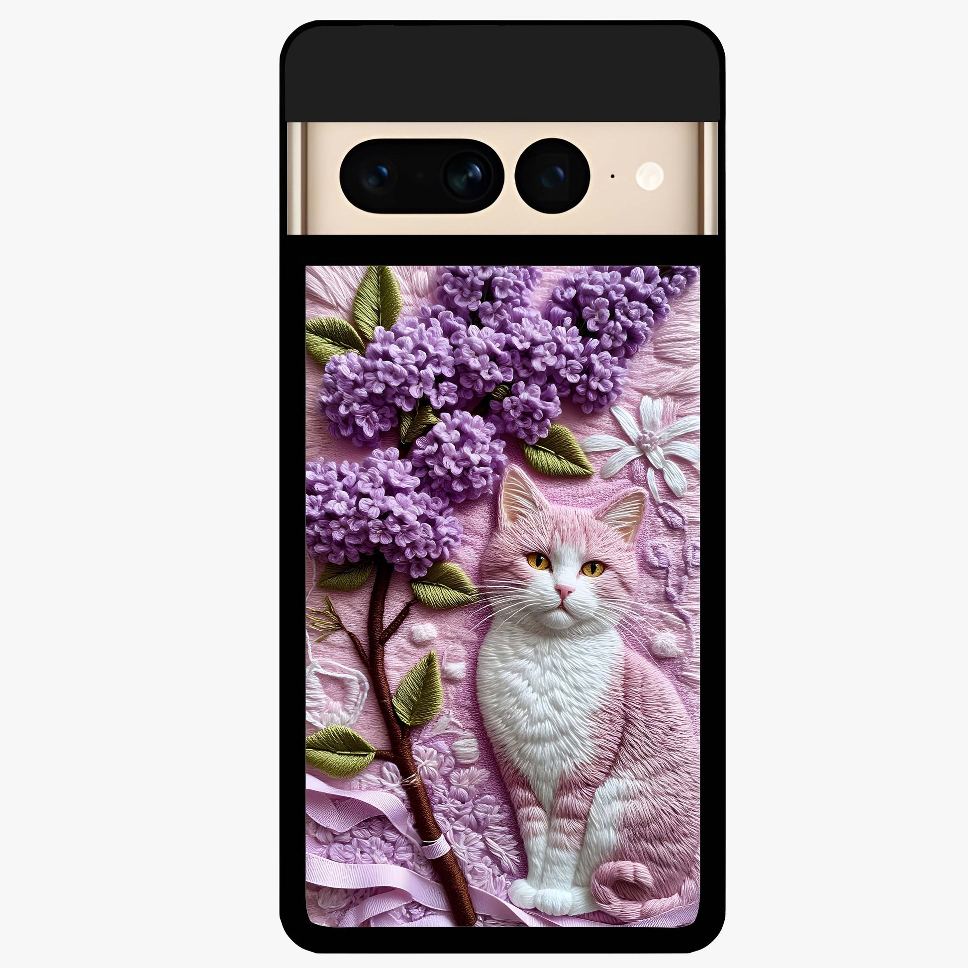 Lavender Cat Whimsy Glass Case showing flat back view with cute lavender cat artwork and glossy glass finish.
