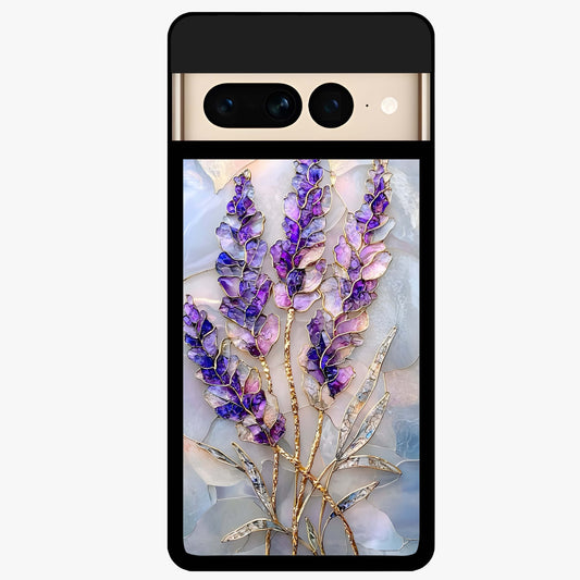 Lavender Dream Glow Glass Case showing flat back view with glowing lavender aesthetic artwork and glossy glass finish.
