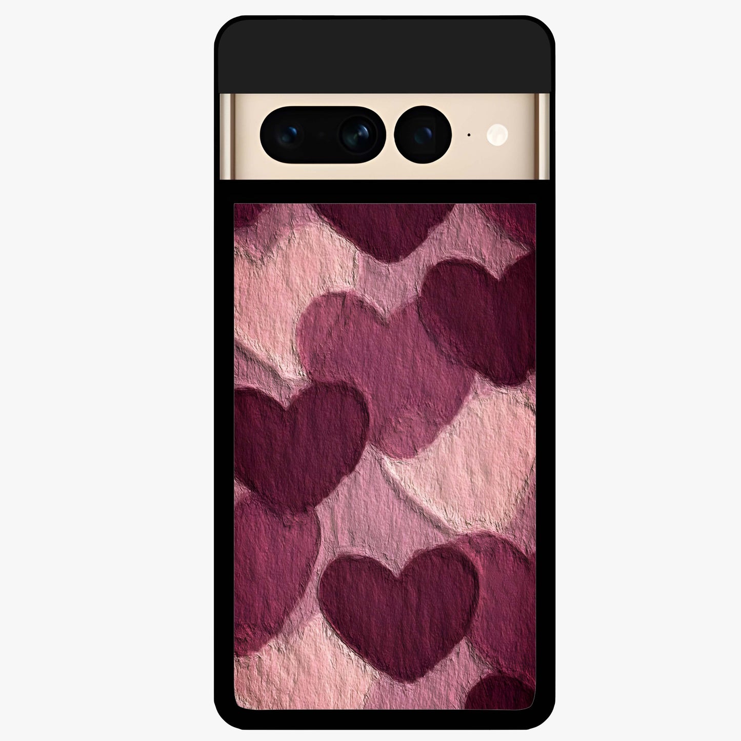 Layered Paper Hearts Glass Case showing flat back view with layered paper heart artwork and glossy glass finish.