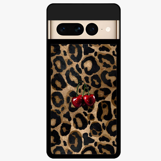 Leopard Wild Cherry Glass Case showing flat back view with leopard pattern and cherry artwork and glossy glass finish.