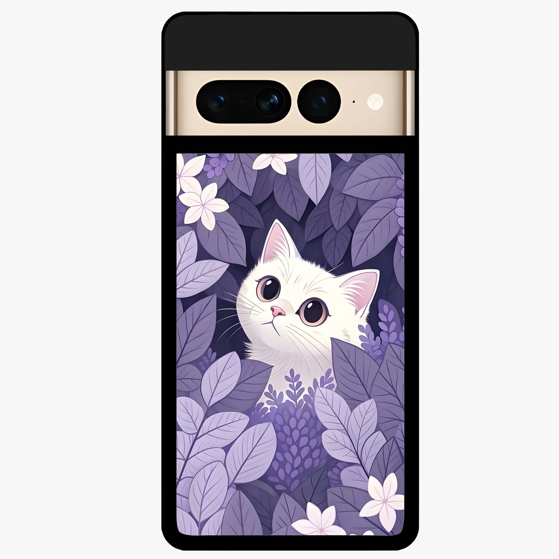 Lilac Hide Peek Cat Glass Case showing flat back view with cute peeking cat artwork and glossy glass finish.