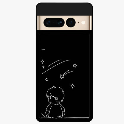 Line Art Boy With Shooting Stars Glass Case showing flat back view with minimal line art boy and shooting stars illustration and glossy glass finish.