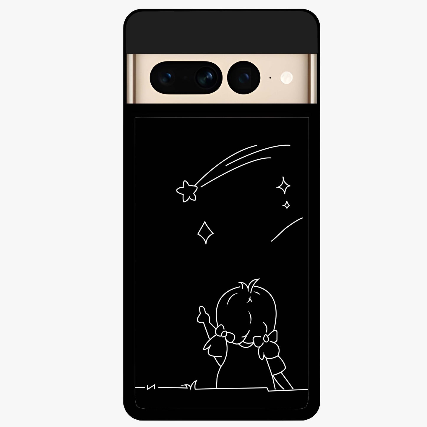 Line Art Girl With Shooting Stars Glass Case showing flat back view with minimal line art girl and shooting stars illustration and glossy glass finish.
