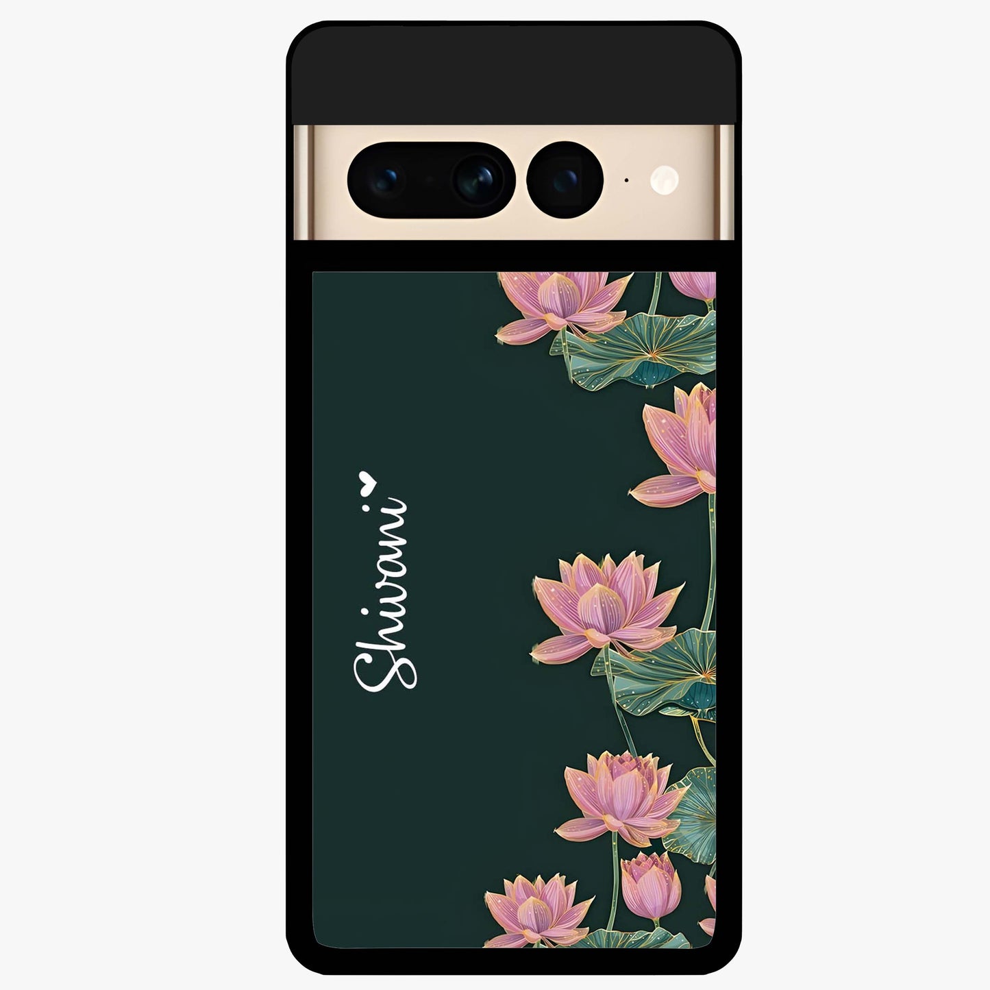 Lotus Bloom Serenity Custom Name Glass Case showing flat back view with elegant lotus flower artwork and personalized name design.