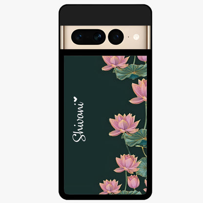 Lotus Bloom Serenity Custom Name Glass Case showing flat back view with elegant lotus flower artwork and personalized name design.