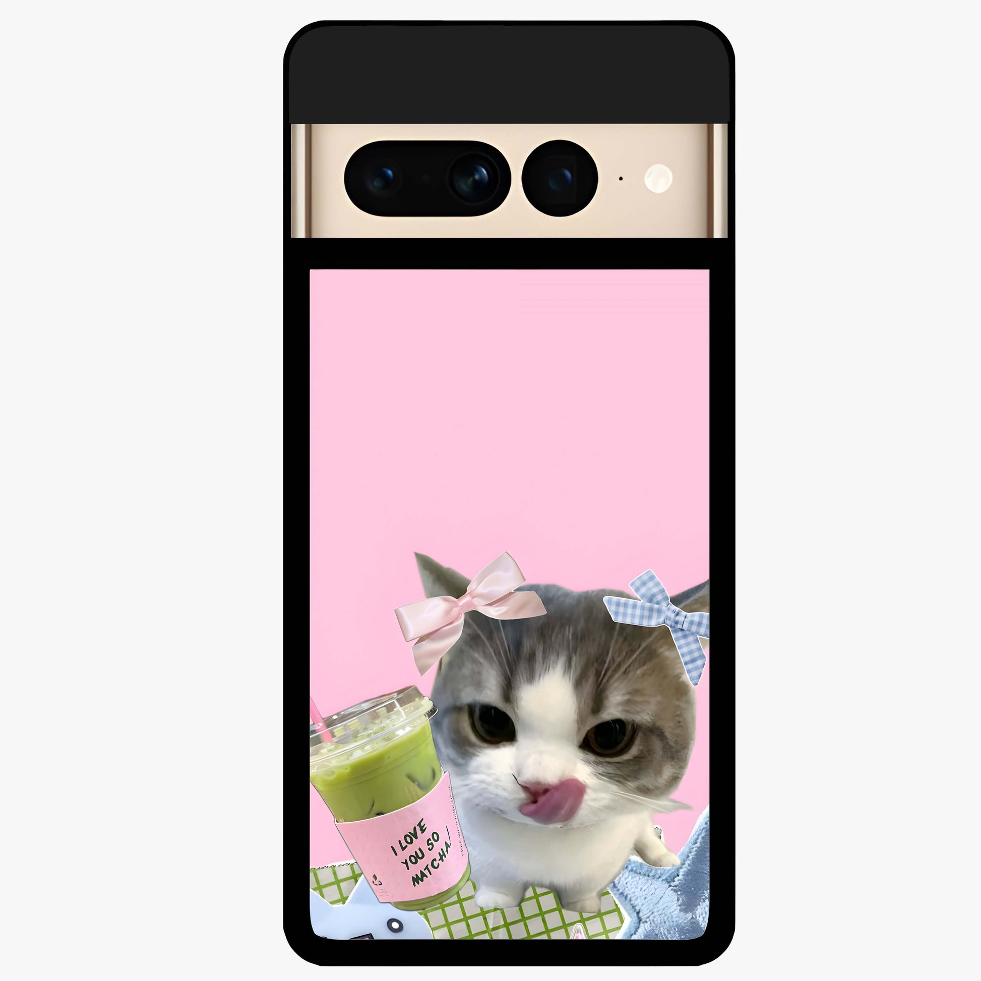 Love Matcha Cat Glass Case showing flat back view with cute cat and matcha themed artwork and glossy glass finish.