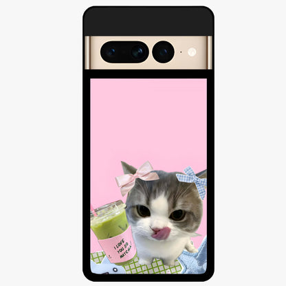 Love Matcha Cat Glass Case showing flat back view with cute cat and matcha themed artwork and glossy glass finish.