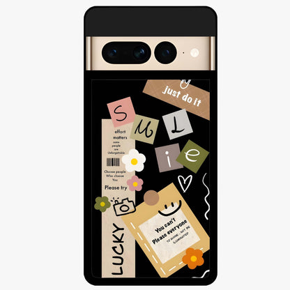 Lucky Aesthetic Collage Glass Case showing flat back view with trendy aesthetic collage artwork and glossy glass finish.