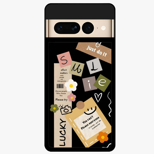 Lucky Aesthetic Collage Glass Case showing flat back view with trendy aesthetic collage artwork and glossy glass finish.