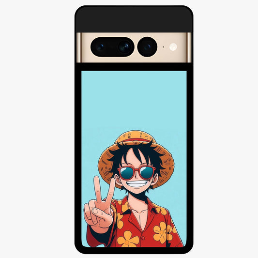 Luffy Summer Anime Vibe Glass Case showing flat back view with vibrant anime character artwork and glossy glass finish.