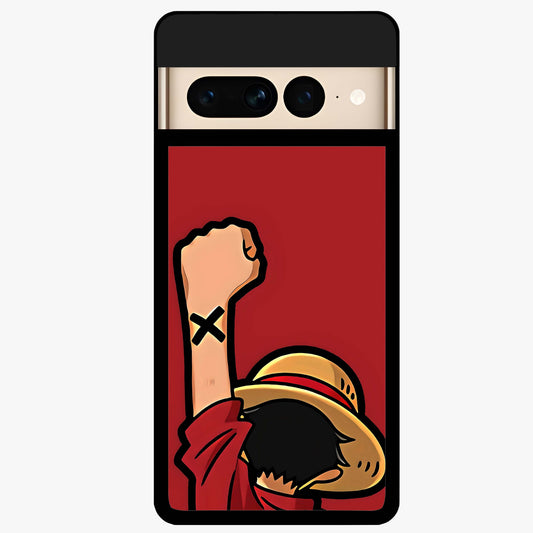 Luffy X Spirit Glass Case showing flat back view with bold anime character artwork and glossy glass finish.