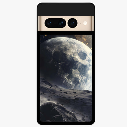 Lunar Horizon Glow Glass Case showing flat back view with glowing moon horizon artwork and glossy glass finish.