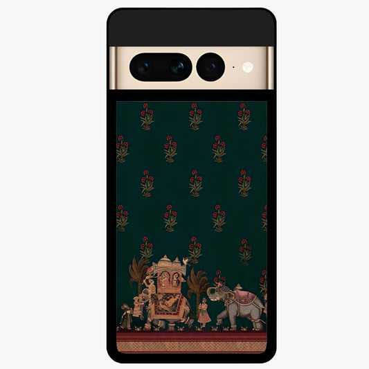 Macmerise Glass Case showing flat back view with stylish modern artwork and glossy glass finish.