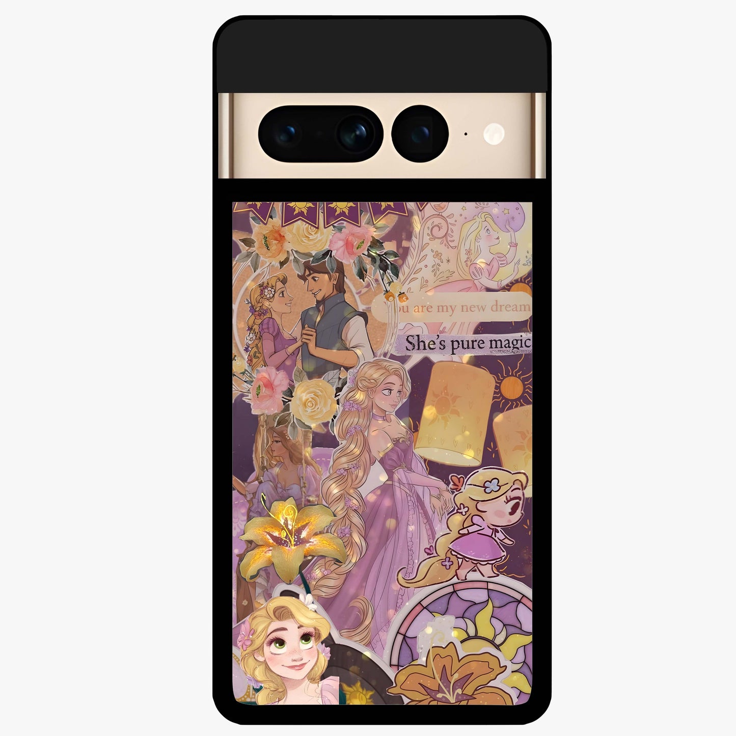 Magical Tangled Dream Glass Case showing flat back view with dreamy tangled artwork and glossy glass finish.
