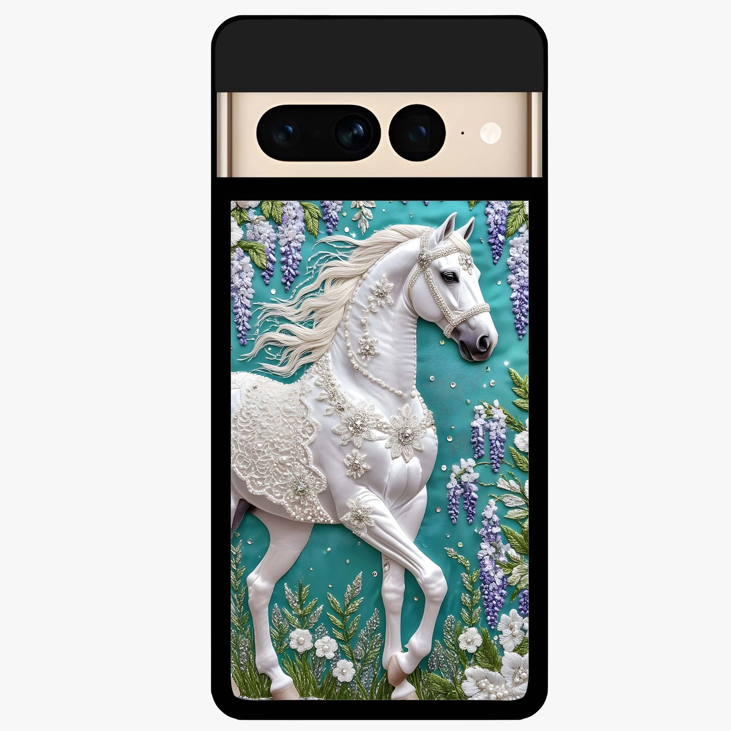 Majestic Floral Stallion Glass Case showing flat back view with powerful horse and floral artwork and glossy glass finish.