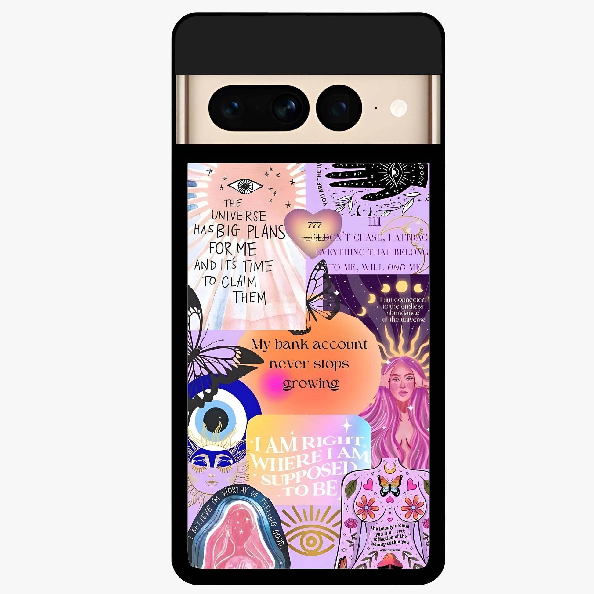 Manifestation Collage Glass Case showing flat back view with motivational collage artwork and glossy glass finish.