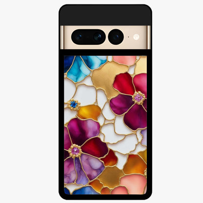 Marble Flower Pattern Glass Case showing flat back view with marble texture floral artwork and glossy glass finish.