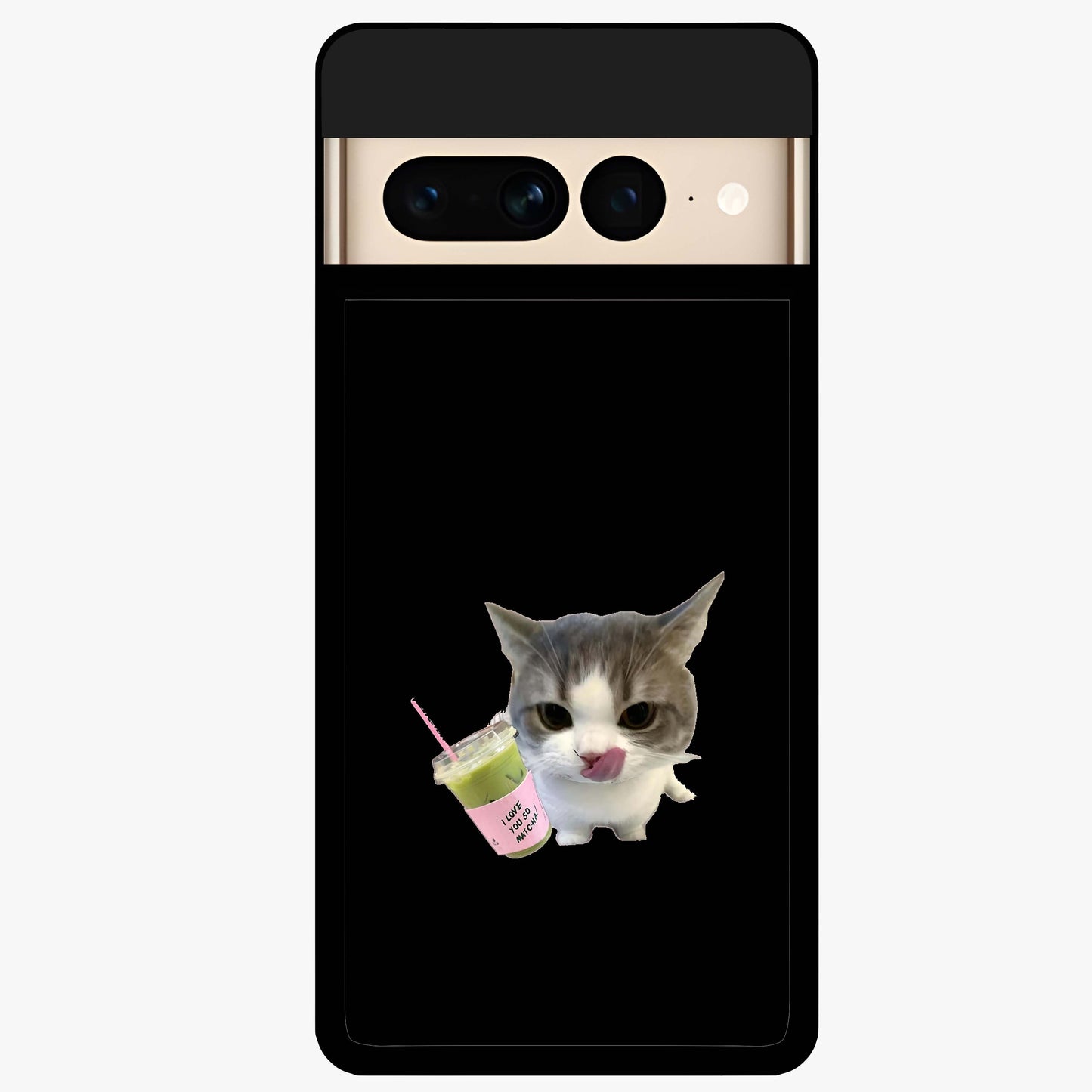 Matcha Cat Style Glass Case showing flat back view with cute matcha themed cat artwork and glossy glass finish.
