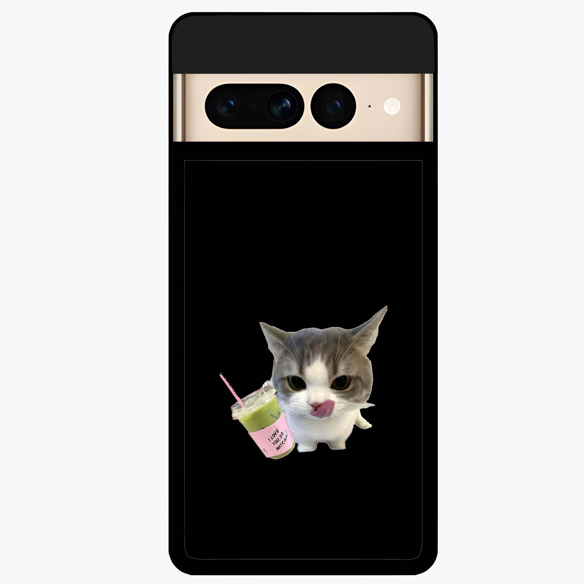 Matcha Cat Style Glass Case showing flat back view with cute matcha themed cat artwork and glossy glass finish.