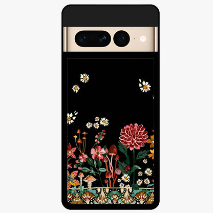 Midnight Bloom Pattern Glass Case showing flat back view with dark floral pattern artwork and glossy glass finish.