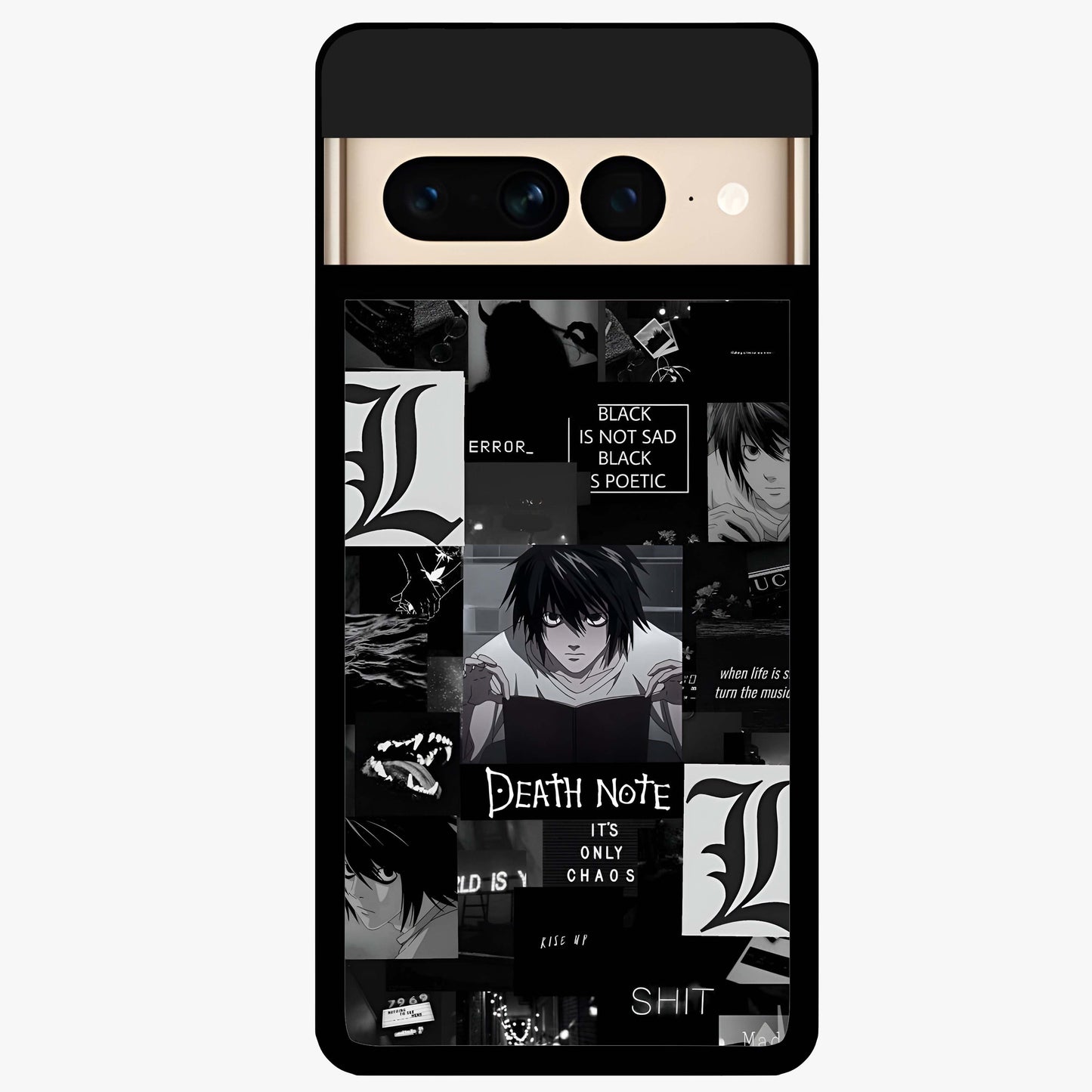 Midnight Chaos Mind Glass Case showing flat back view with abstract dark themed artwork and glossy glass finish.