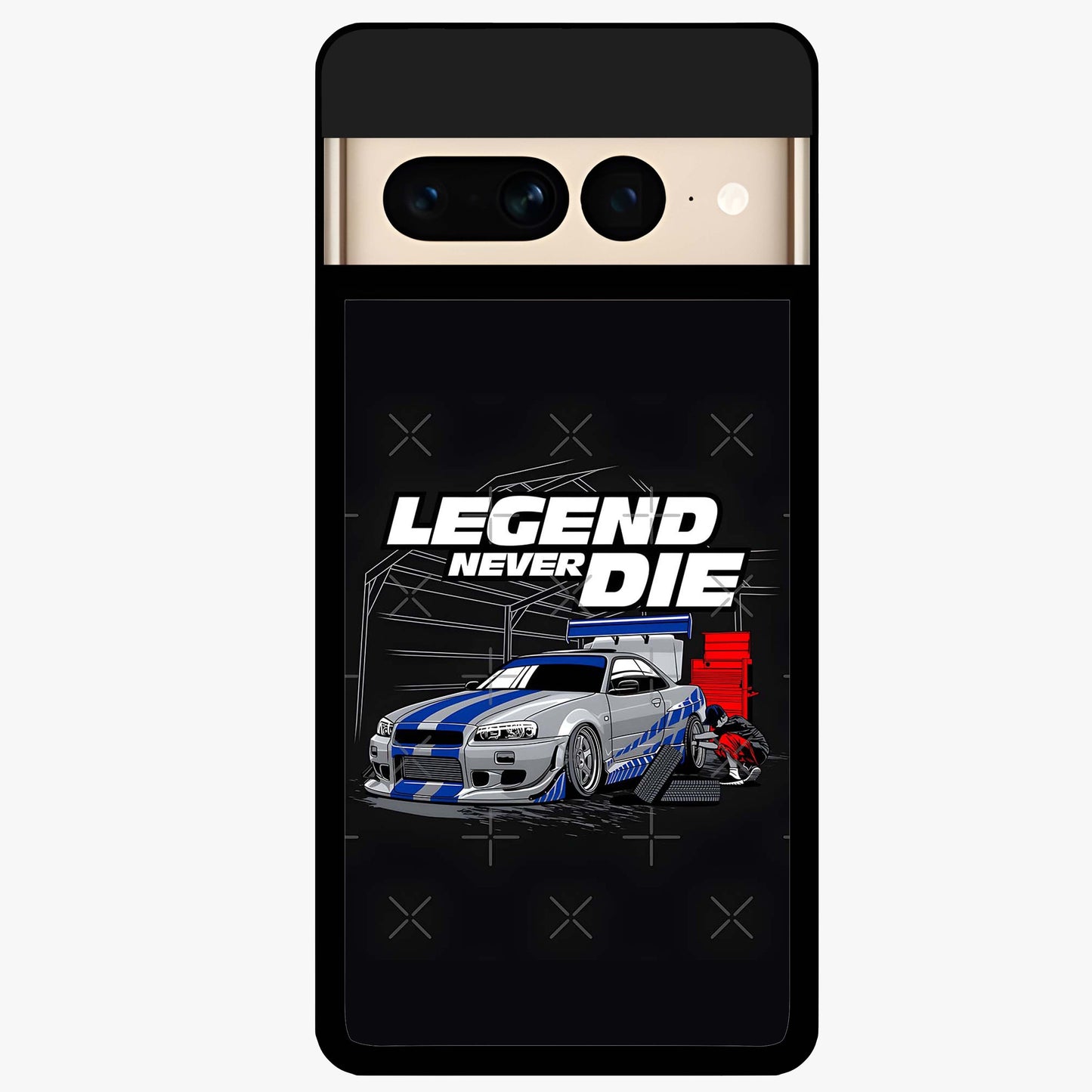 Midnight Racing Legacy Glass Case showing flat back view with sleek racing inspired artwork and glossy glass finish.