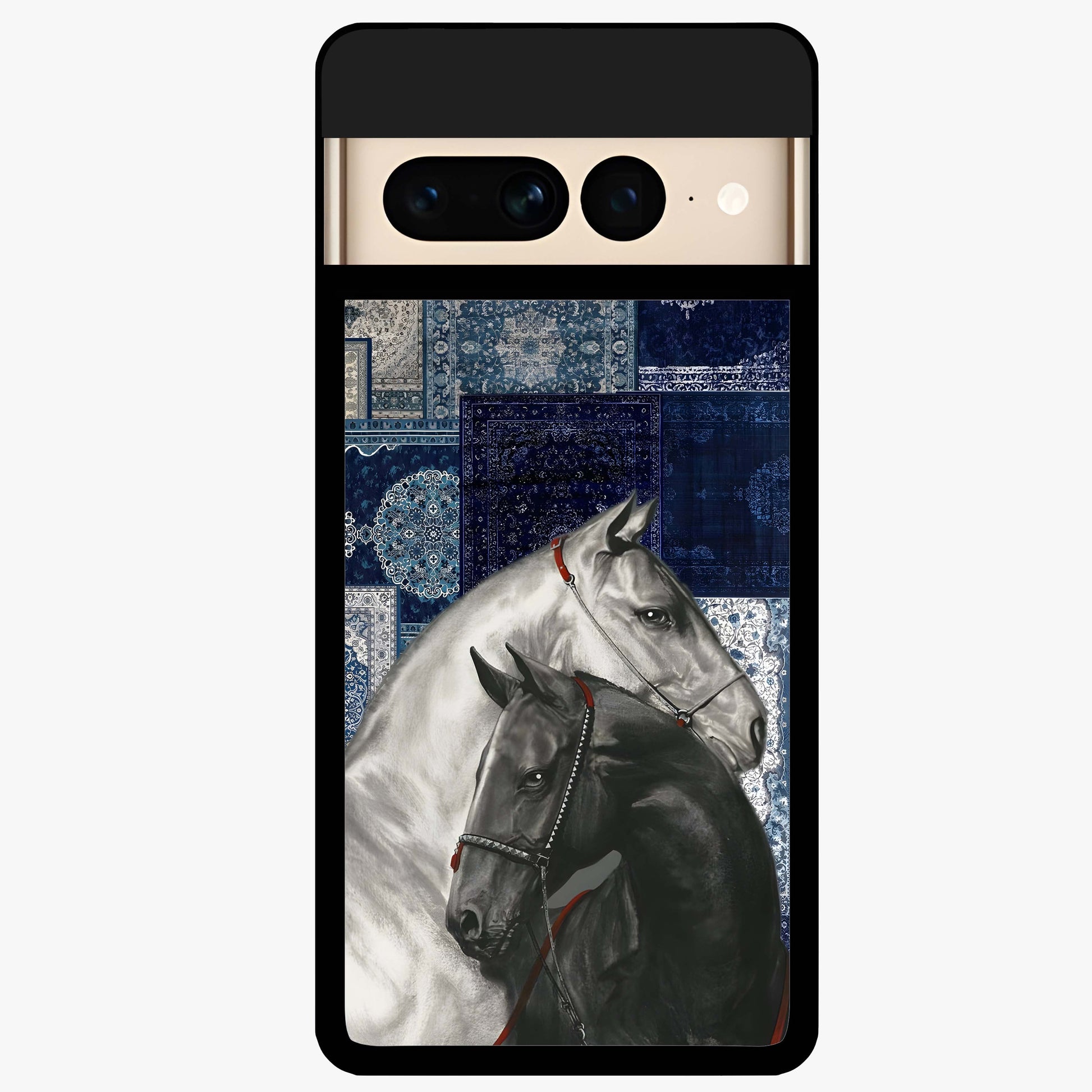 Midnight Stallion Blues Glass Case showing flat back view with majestic horse artwork and glossy glass finish.
