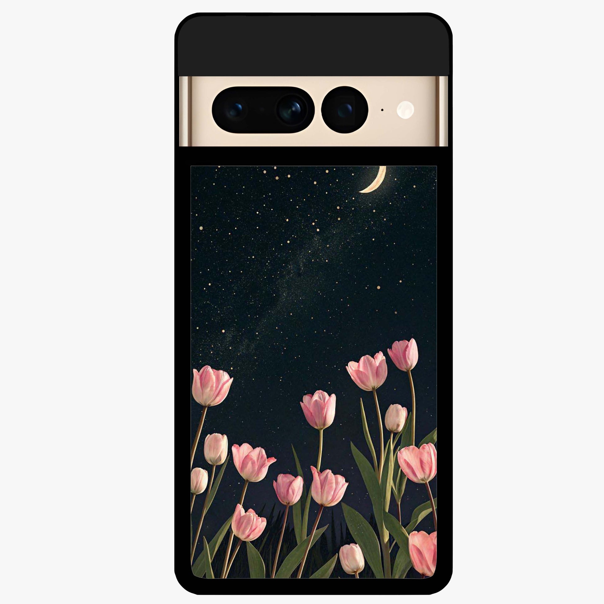 Midnight Tulip Whispers Vibe Glass Case showing flat back view with elegant tulip flower artwork and glossy glass finish.