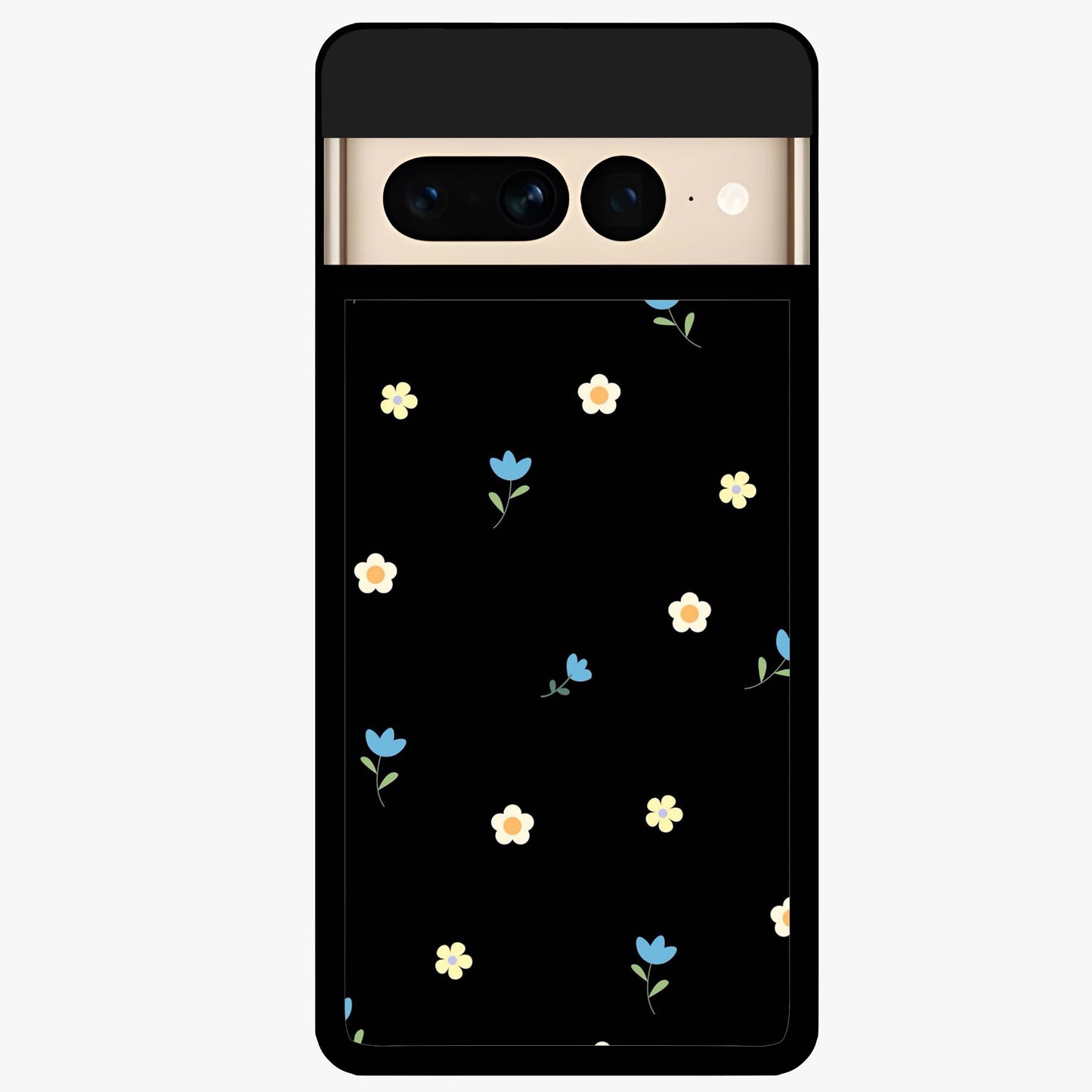 Minimalistic Blue With White Flower Pattern Glass Case showing flat back view with blue background and white flower pattern and glossy glass finish.
